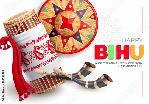 Greeting background with drum (dhol, onoinya) decorated with gamosa, japi (bamboo hat) and pepa (horn) for North Indian Assamese New Year (and harvest) festival Rongali (Bohag) Bihu. Vector. © aminaaster