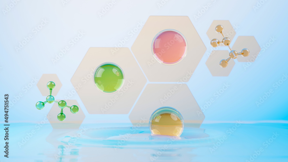3d render of simple chemical bond in side cell or molecules. The associated of atoms, ions, bond and molecules. Liquid drop bubble background. Covalent bond. Biochemical interaction.
