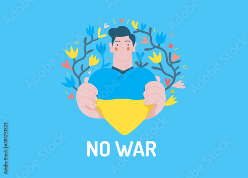 War and peace - Ukranian heart -modern flat vector concept digital illustration of young man holding the Ukranian flag colored heart. Creative anti-war poster.