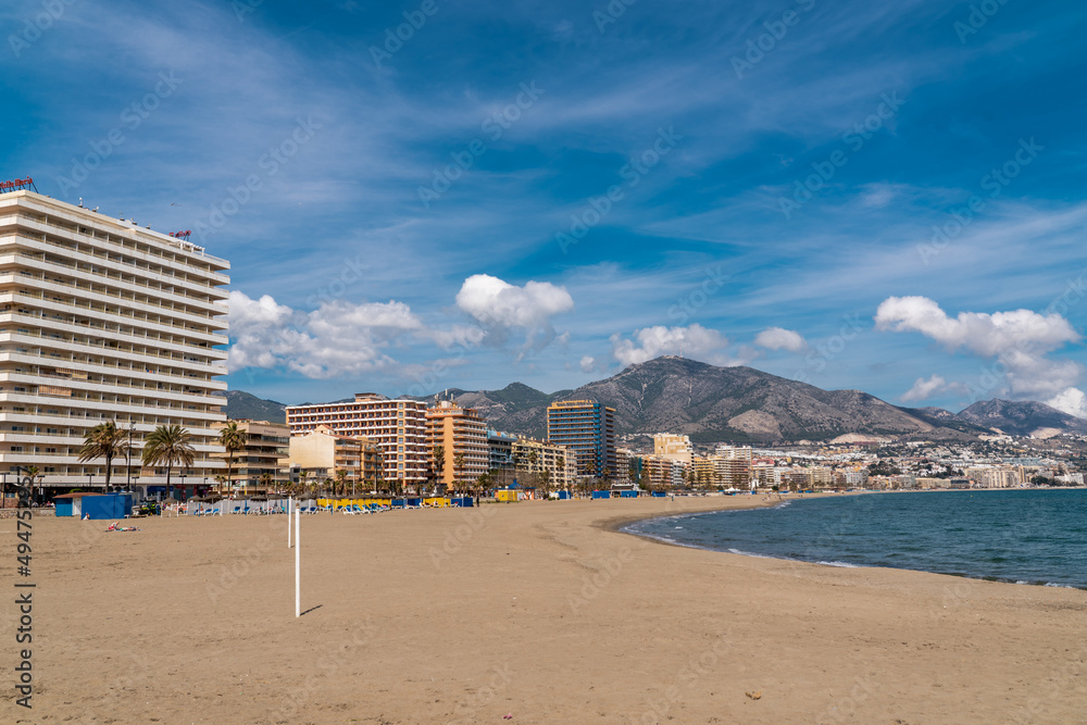 Panoramic view of Fuengirola city. View of promenade area of the city, Los Boliches Beach and San Francisco Beach. Touristic travel destination in Costa del Sol