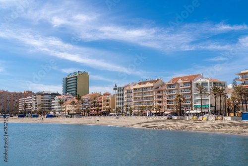 Panoramic view of Fuengirola city. View of promenade area of the city, Los Boliches Beach and San Francisco Beach. Touristic travel destination in Costa del Sol