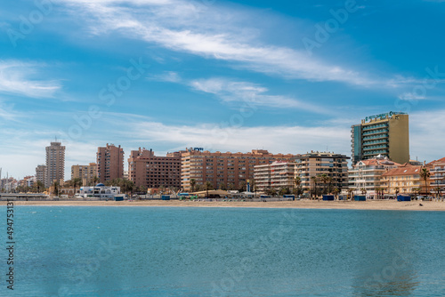 Panoramic view of Fuengirola city. View of promenade area of the city, Los Boliches Beach and San Francisco Beach. Touristic travel destination in Costa del Sol
