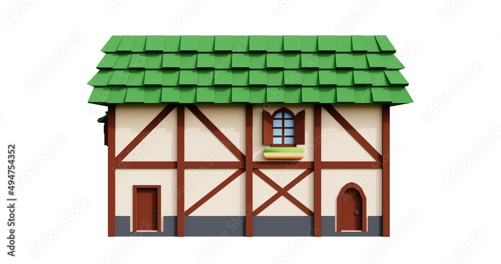 Medieval green roof 2-floor house 3d rendering. Fantasy building illustration. Front architecture.