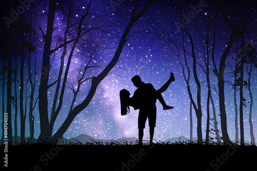 Lovers at night. Couple silhouette in forest. Milky Way at starry sky
