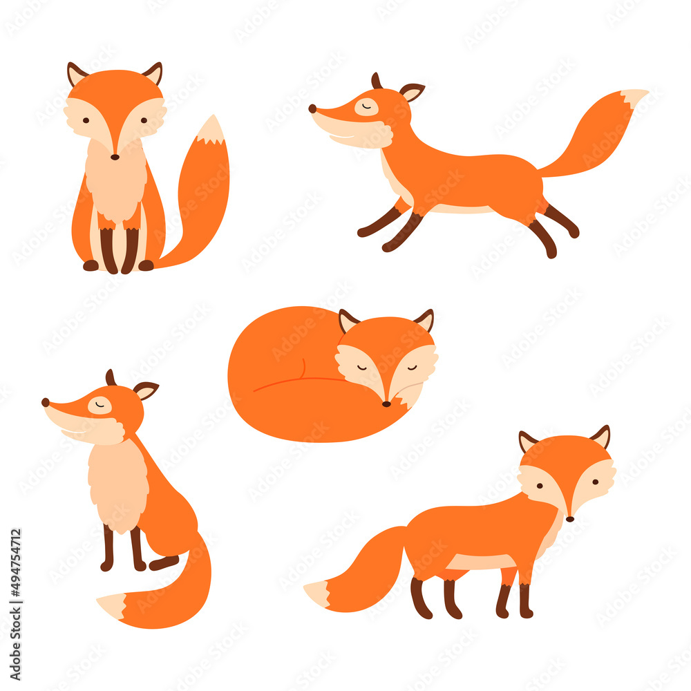 Cute cartoon fox. Forest foxes, red animals with fluffy tails. Flat foxy character running or standing. Cute cartoon fox. Forest foxes, red animals with fluffy tails. Flat foxy character running or standing.