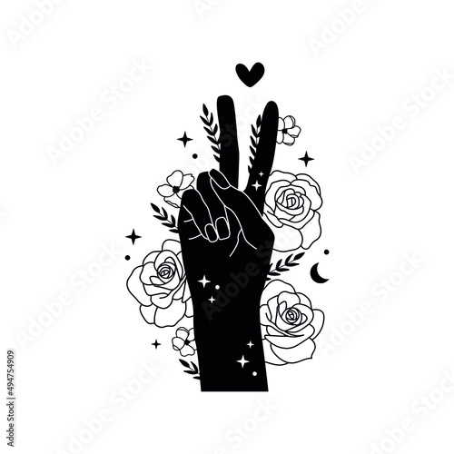 Peace sign with two fingers flowers and hearts