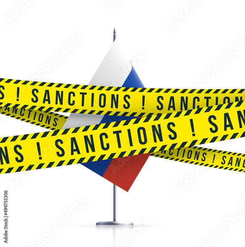 Yellow ribbons of economic, financial sanctions imposed on Russia flag background. Anti Russian international sanctions embargo against Russia invasion of Ukraine crisis banner. Ban of crossed flag