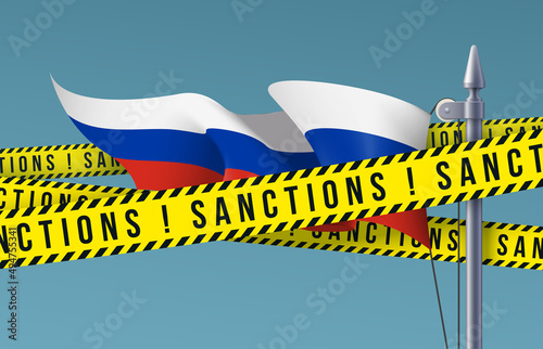Yellow ribbons of economic, financial sanctions imposed on Russia flag background. Anti Russian international sanctions embargo against Russia invasion of Ukraine crisis banner. Ban of crossed flag