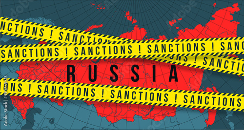 Yellow ribbons economic, financial sanctions imposed on Russia map background. Anti Russian international sanctions embargo against Russia invasion of Ukraine crisis banner. Crossed ban map territory photo