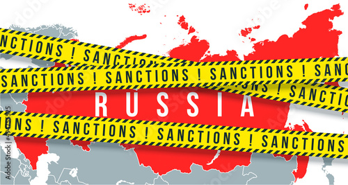 Yellow ribbons economic, financial sanctions imposed on Russia map background. Anti Russian international sanctions embargo against Russia invasion of Ukraine crisis banner. Crossed ban map territory