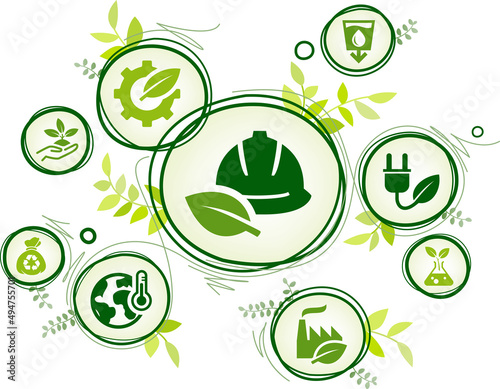 Environmental Engineering vector illustration. Green concept with icons related to eco-friendly or clean engineering, renewable energy, sustainability & counteracting pollution, eco engineers.