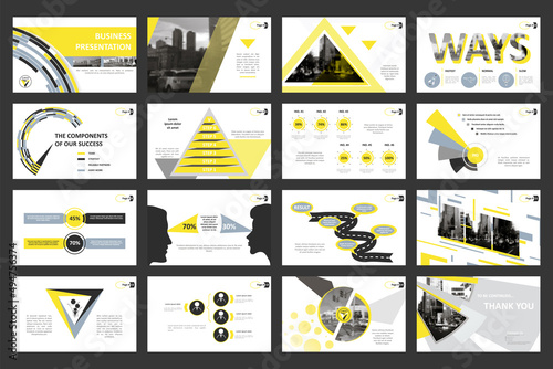 Modern geometric presentation template. Creative set of abstract infographic elements. Brochure. Grey Yellow White. Vector illustration. Use for Design Project, Banner, Slide, Webinar, Flyer, SEO. A4