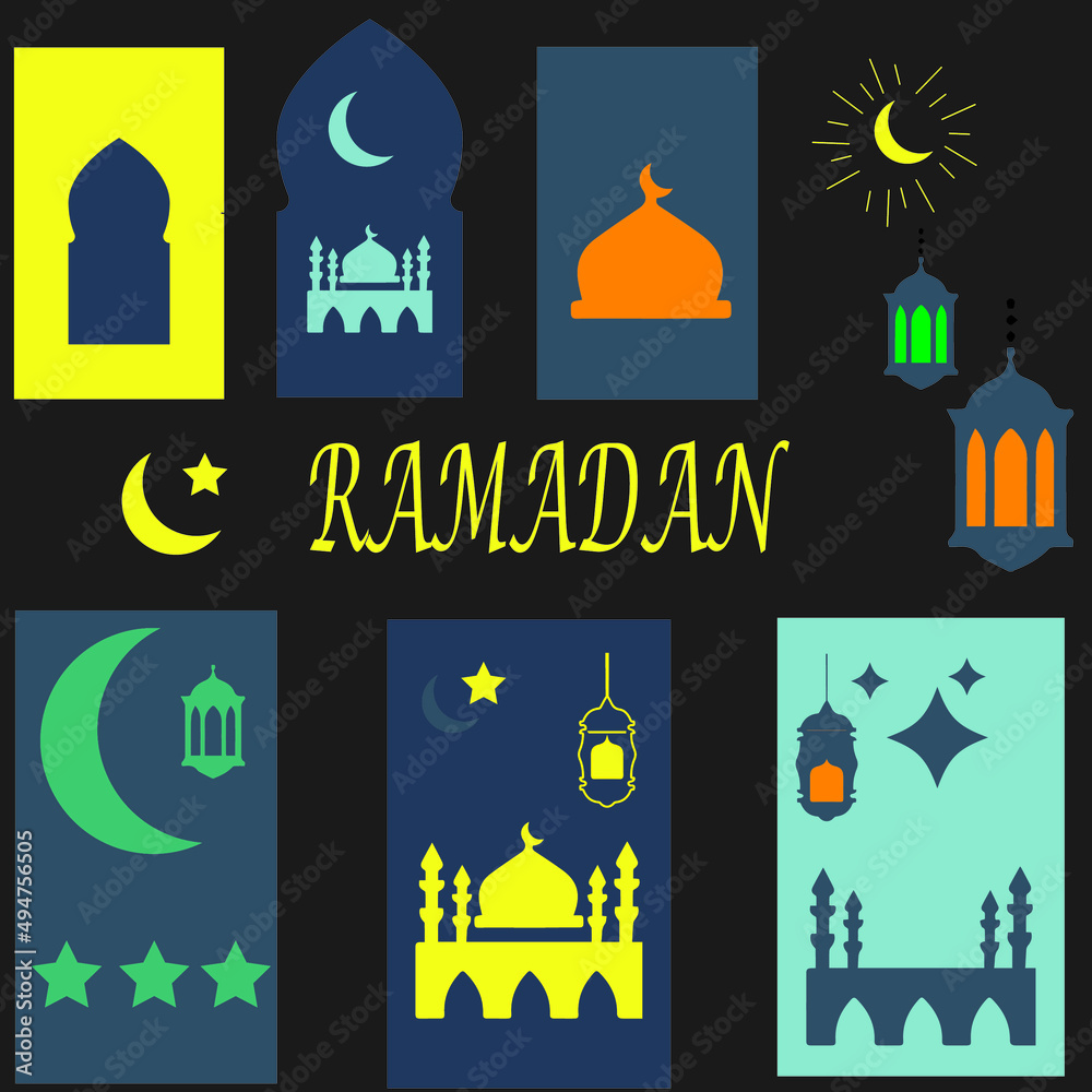 Collection of modern style Ramadan Mubarak greeting cards vectors with different mosque ,lantern stars moon ,dome design  .Vector set for designing cards,poster ,banner, backdrop, islamic ,social 