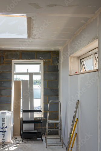 Canvas Print Plasterboarding in house extension , unfinished walls and ceiling