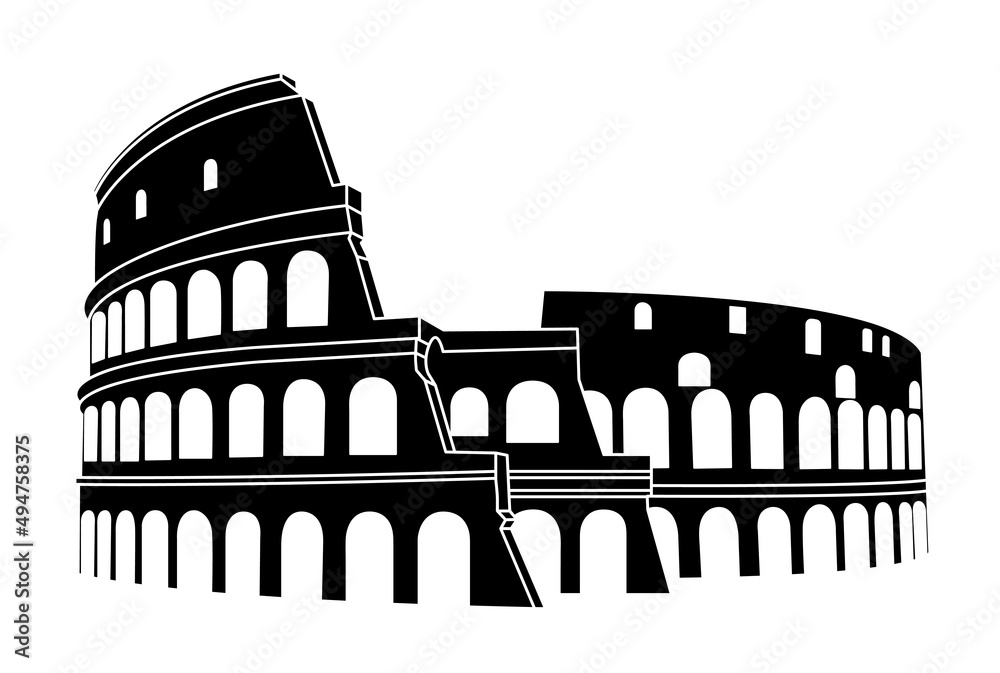 Black silhouette of the Colosseum in Rome, Italy vector. Colosseum hand drawn illustration. Symbol of Ancient Rome, gladiator fights. Vector illustration.