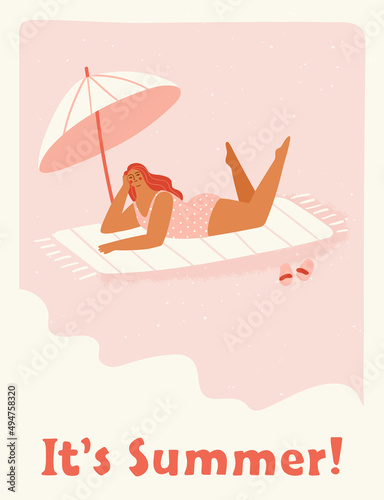 Girl enjoying her summer holiday on the beach. Vector illustration of a woman sunbathing on a beach blanket under a parasol by the sea. Poster or banner design in trendy retro style.