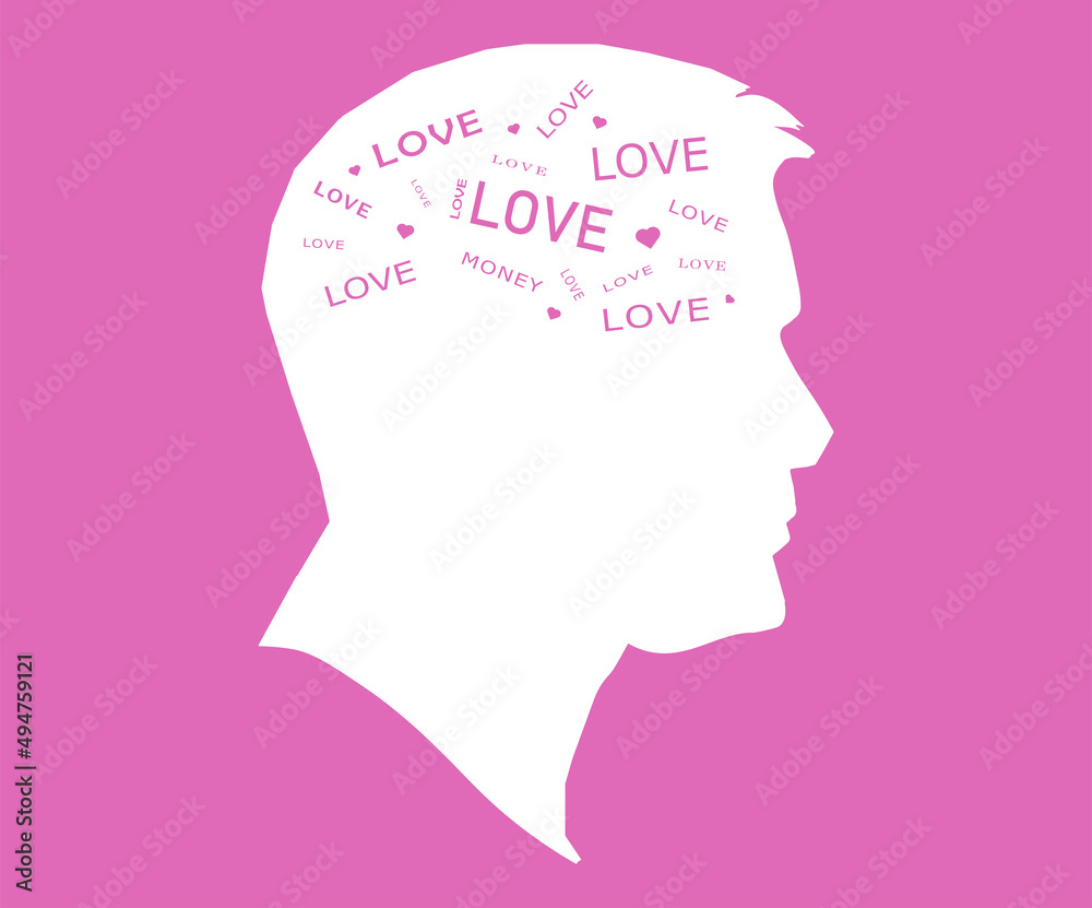 Men head isolated on pink background. Love, instinct and romance concept. Flat design. Vector illustration. EPS 10