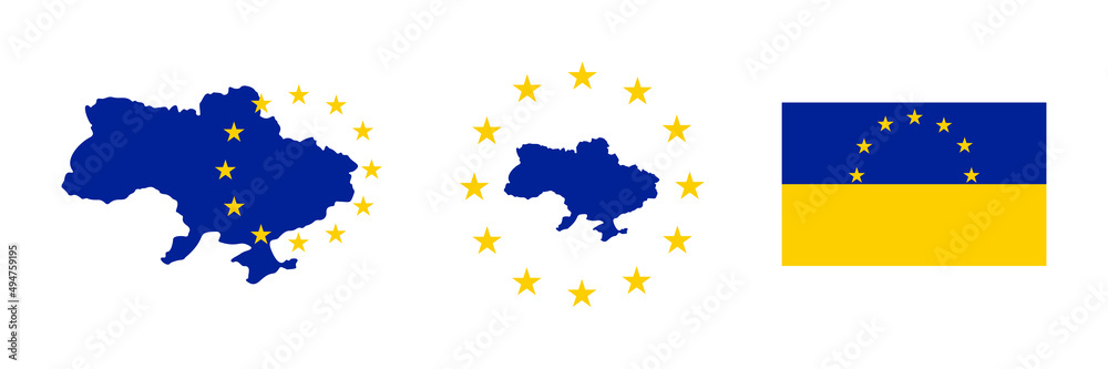 Ukraine map with european stars. Ukraine country with flag and EU stars. Ukraine Europa signs. Stock vector
