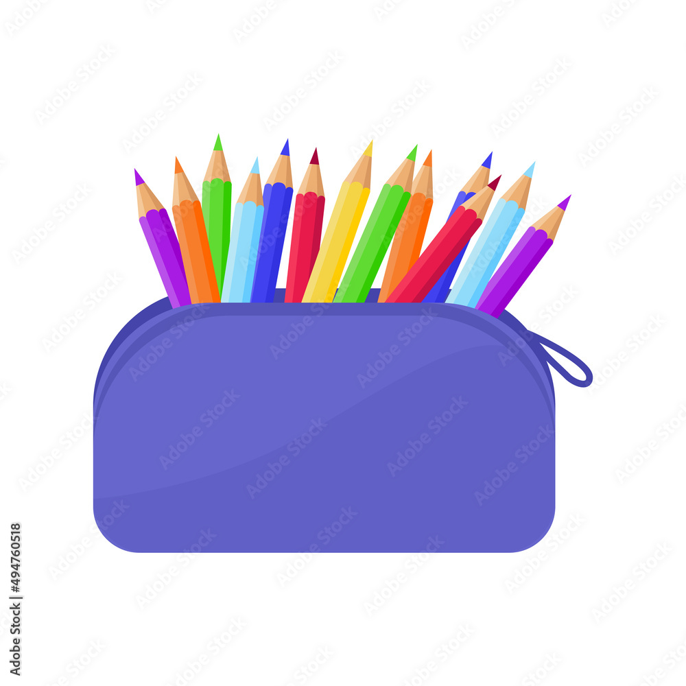 Colorful pencil case on white background. School supplies cartoon illustration. Flat icon design. Isolated objects