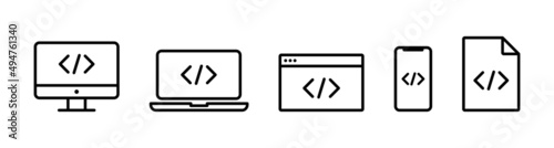 Code device icons. Code html device signs. Program computer, laptop, smartphone, coding icons. Coding browser sign. Stock vector