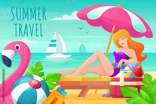 Woman in swimsuit sunbathing lying on lounger at sea or ocean beach. Summer time banner design. Vector illustration