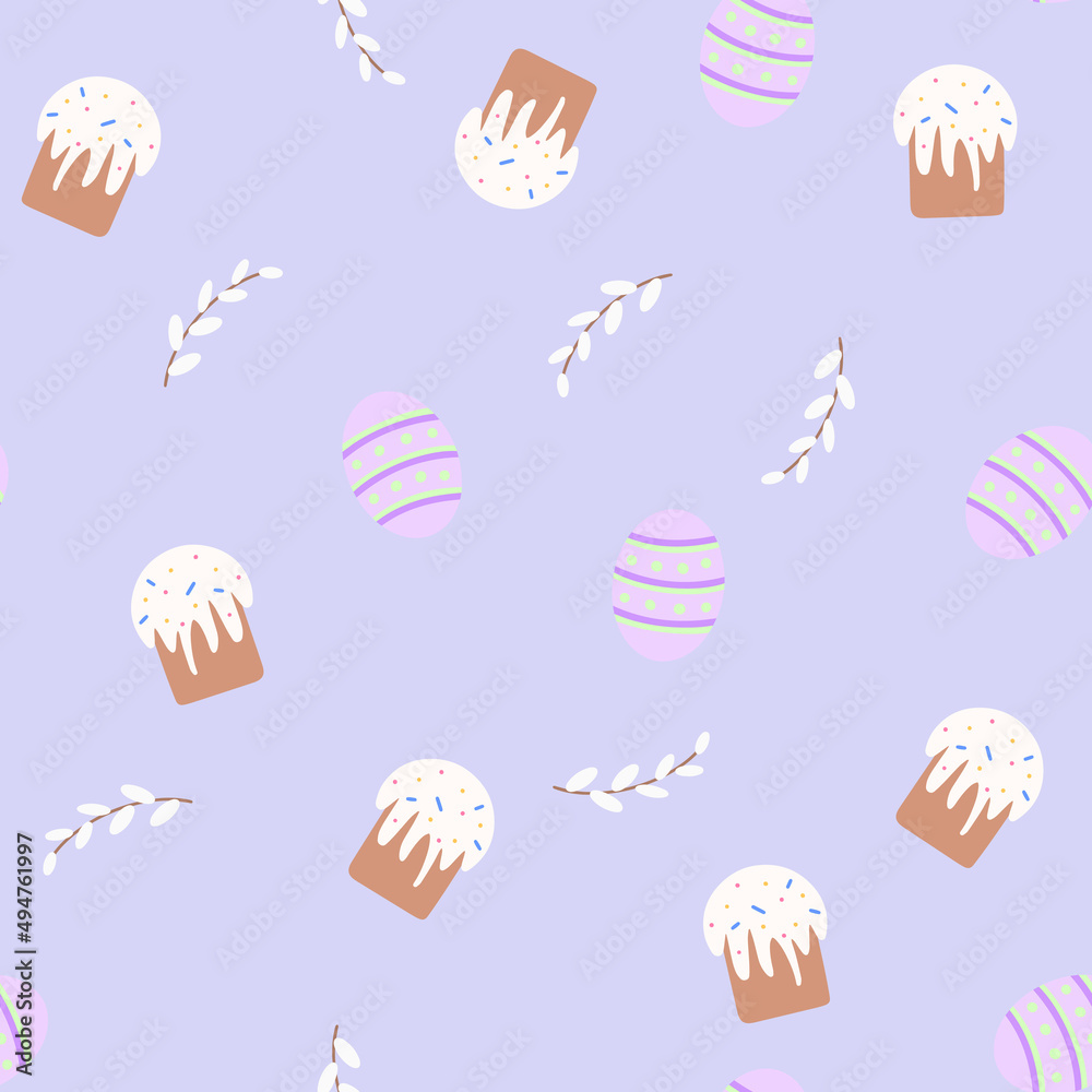 Easter cake, willow, colored eggs cute seamless pattern. Happy Easter concept. Vector illustration for fabric design, gift paper, baby clothes, textiles, cards.