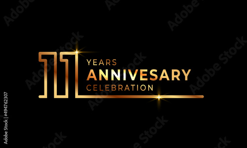 11 Year Anniversary Celebration Logotype with Golden Colored Font Numbers Made of One Connected Line for Celebration Event, Wedding, Greeting card, and Invitation Isolated on Dark Background