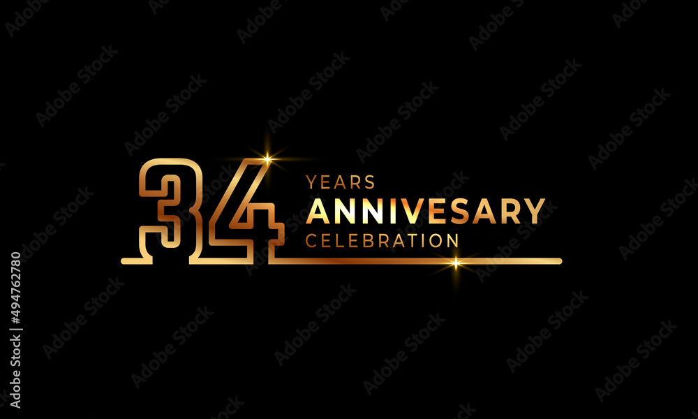 34 Year Anniversary Celebration Logotype with Golden Colored Font Numbers Made of One Connected Line for Celebration Event, Wedding, Greeting card, and Invitation Isolated on Dark Background