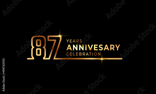 87 Year Anniversary Celebration Logotype with Golden Colored Font Numbers Made of One Connected Line for Celebration Event, Wedding, Greeting card, and Invitation Isolated on Dark Background