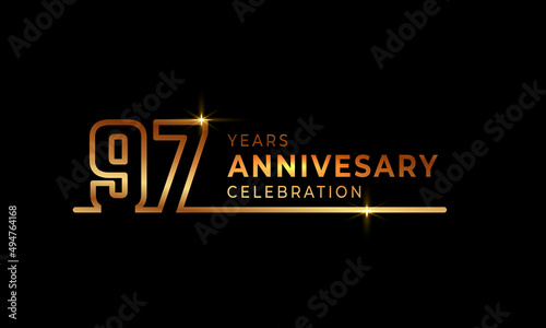 97 Year Anniversary Celebration Logotype with Golden Colored Font Numbers Made of One Connected Line for Celebration Event, Wedding, Greeting card, and Invitation Isolated on Dark Background