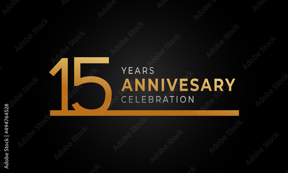 15 Year Anniversary Celebration Logotype with Single Line Golden and Silver Color for Celebration Event, Wedding, Greeting card, and Invitation Isolated on Black Background