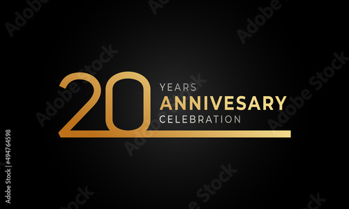 20 Year Anniversary Celebration Logotype with Single Line Golden and Silver Color for Celebration Event, Wedding, Greeting card, and Invitation Isolated on Black Background