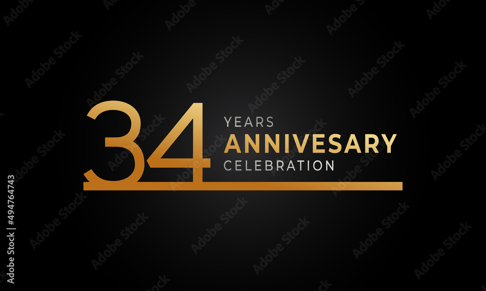 34 Year Anniversary Celebration Logotype with Single Line Golden and Silver Color for Celebration Event, Wedding, Greeting card, and Invitation Isolated on Black Background