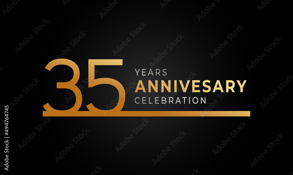 35 Year Anniversary Celebration Logotype with Single Line Golden and Silver Color for Celebration Event, Wedding, Greeting card, and Invitation Isolated on Black Background