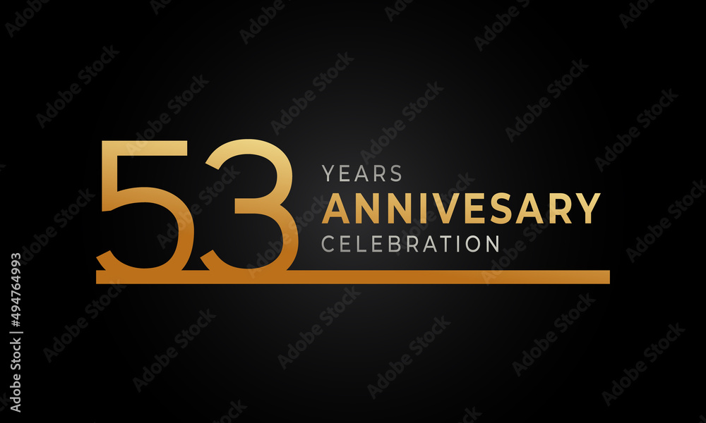 53 Year Anniversary Celebration Logotype with Single Line Golden and Silver Color for Celebration Event, Wedding, Greeting card, and Invitation Isolated on Black Background