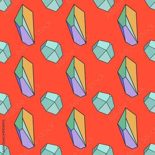 Colorful seamless pattern with hand drawn crystals and gems on a red background. Vector illustration, flat design, cartoon.