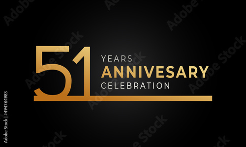 51 Year Anniversary Celebration Logotype with Single Line Golden and Silver Color for Celebration Event, Wedding, Greeting card, and Invitation Isolated on Black Background