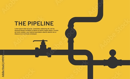Web banner template. Industrial background with yellow pipeline. Oil, water or gas pipeline with fittings and valves. Vector illustration