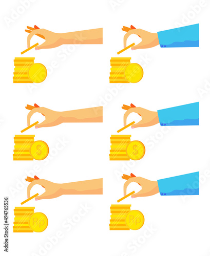 Simple Vector Set 6 Woman Hand Saving or Taking Money Golden Coin, Isolated on White photo