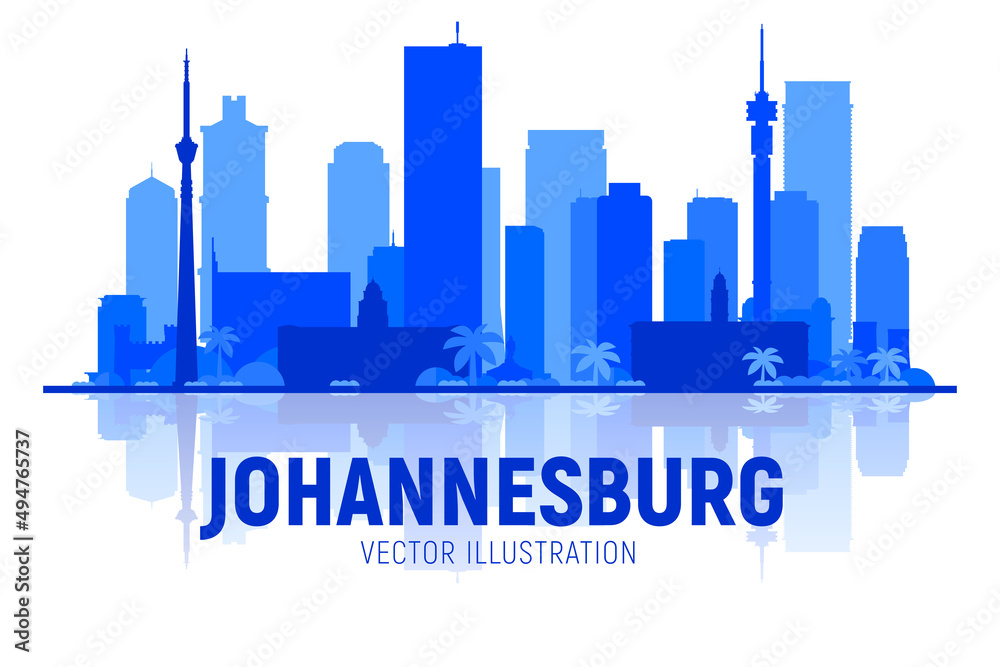 Fototapeta premium Johannesburg, ( South Africa ) silhouette skyline vector illustration white background. Business travel and tourism concept with modern buildings. Image for presentation, banner, web site.