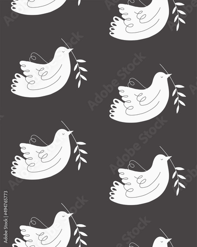 Seamless pattern with dove and branch. Background with message no war, world peace and peace day. Vector illustration for fabric, wallpaper, wrapping paper, textile.