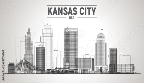 Kansas City   USA   Missouri skyline silhouette with panorama in white background. Vector Illustration. Business travel and tourism concept with modern buildings. Image for presentation  banner  web