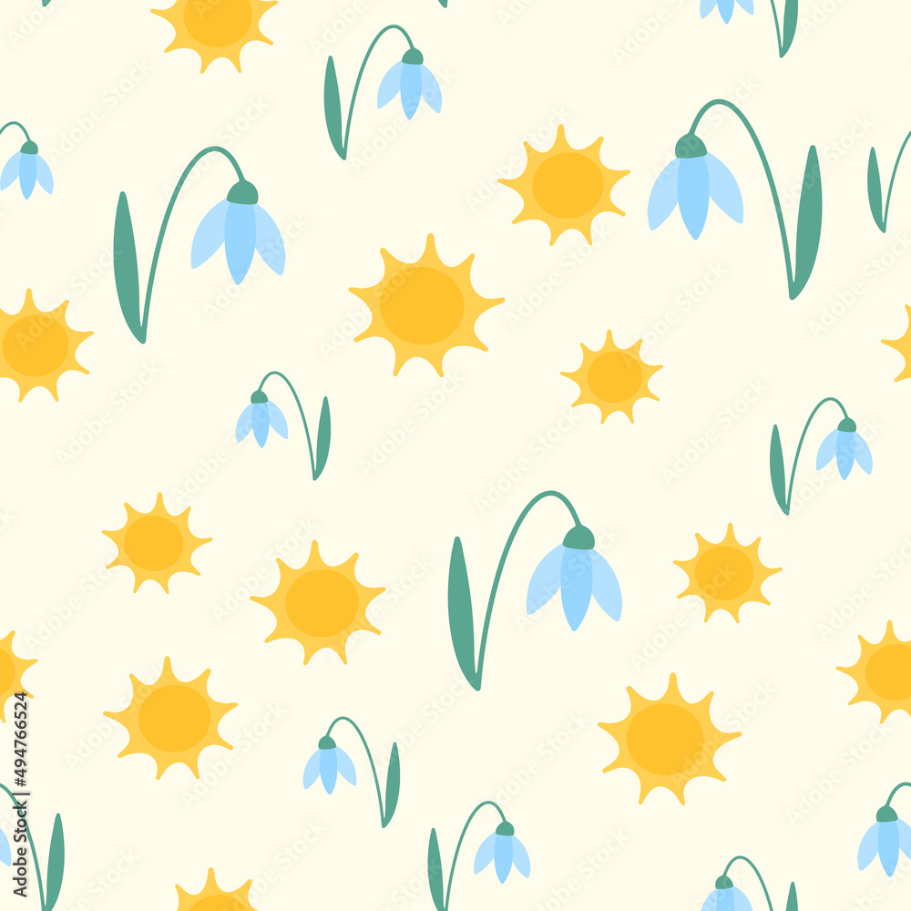 Flower snowdrop and sun cute seamless pattern. Vector illustration for fabric design, gift paper, baby clothes, textiles, cards.