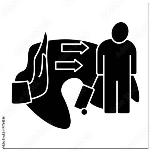 Forced migration glyph icon. Forced refugee movements and internally displaced people. Immigration concept. Filled flat sign. Isolated silhouette vector illustration