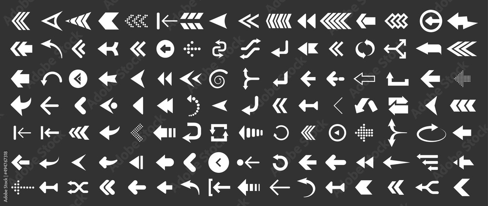 Arrows web collection on black. Modern graphic direction signs computer screen arrows