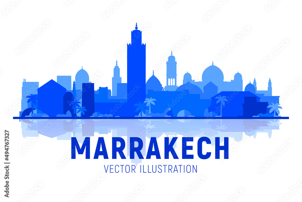 Marrakesh ( Morocco ) city silhouette on white background. Vector Illustration. Business travel and tourism concept with old buildings. Image for presentation, banner, web site.