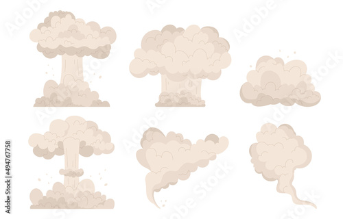 Cloud after bomb explosion set. Huge explosion of atomic bomb, dynamite detonator, nuclear mushroom. Dust smoke cloud after blast Vector illustration in cartoon style. Isolated on white background.