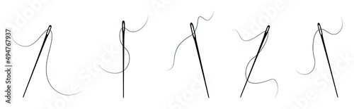 Set of sewing needles with thread isolated of an white background. Needles and thread icon in different styles.Vector illustration