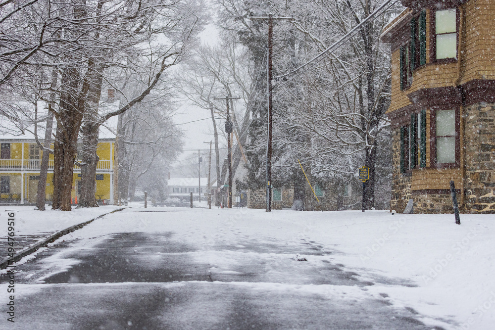 Empty street with snow on historic Hugenot street in New Paltz, NY Empty street with snow on historic Hugenot street in New Paltz, NY