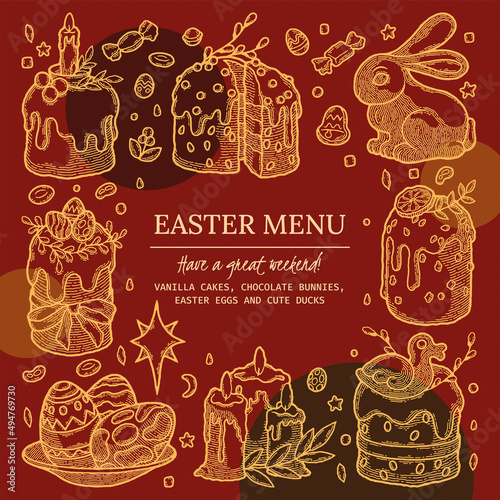 Rustic Easter Menu Frame as vector image. Ready to Use Engraved style Social Media Template with Design Element. Kulich with Orange, Seed, Candle, Duck, Colored Egg with Pattern on Plate and Candy